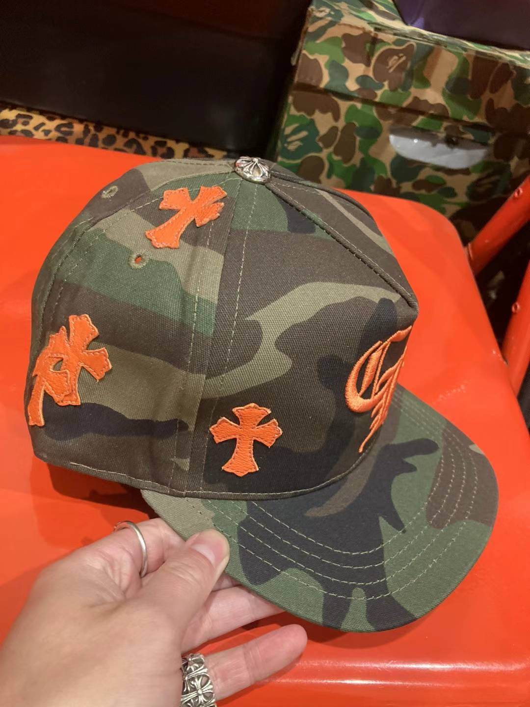 Chrome hearts orange cross patches camo baseball 5 panel cap